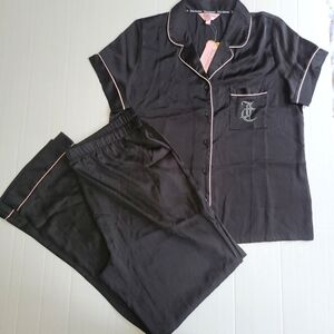 Juicy Couture Black Silk Rhinestone Logo Pajama Set - Medium